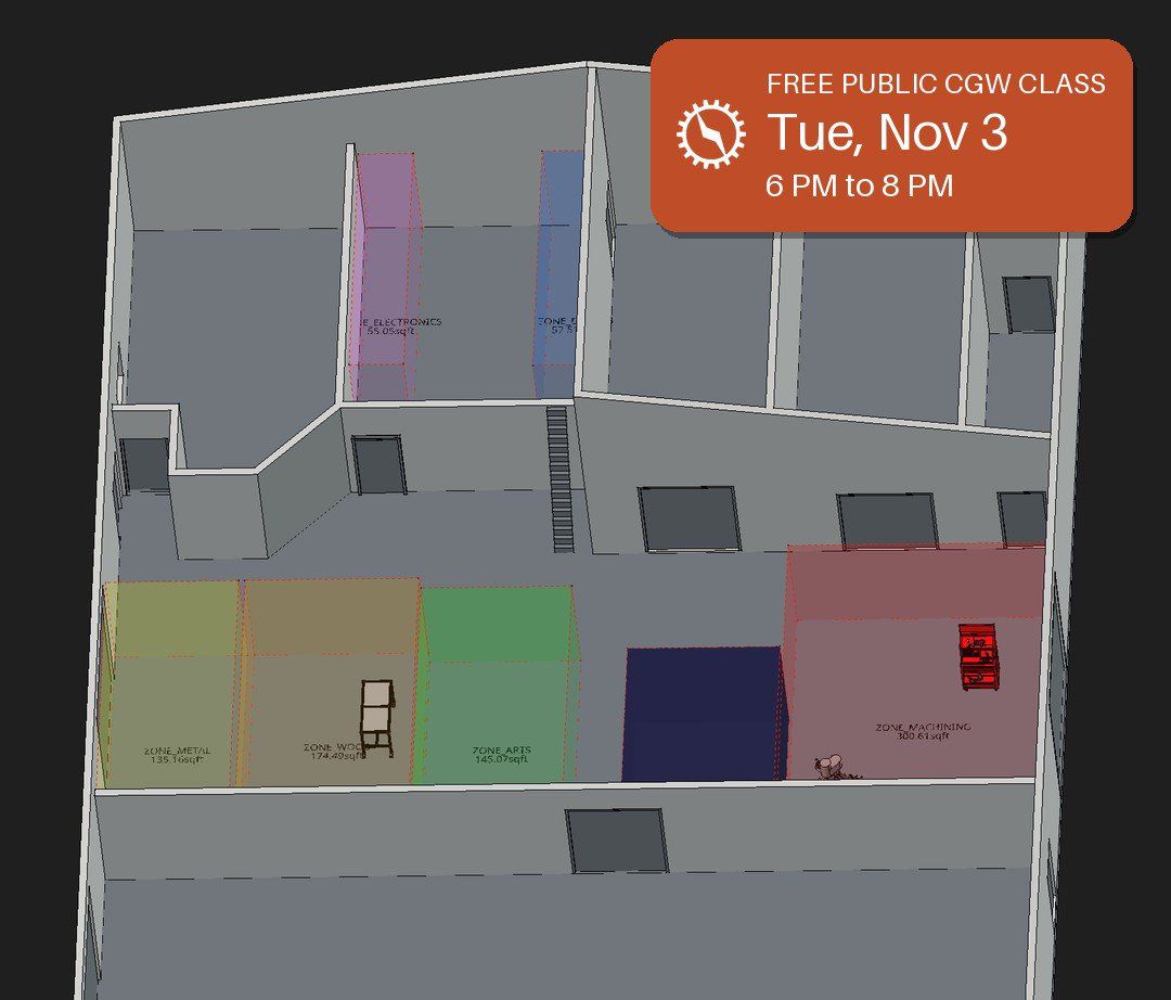A 3D floor plan of the Columbia Gadget Works shop with color-coded zones: yellow for metal, tan for wood, green for arts, red for machining, and pink for electronics.